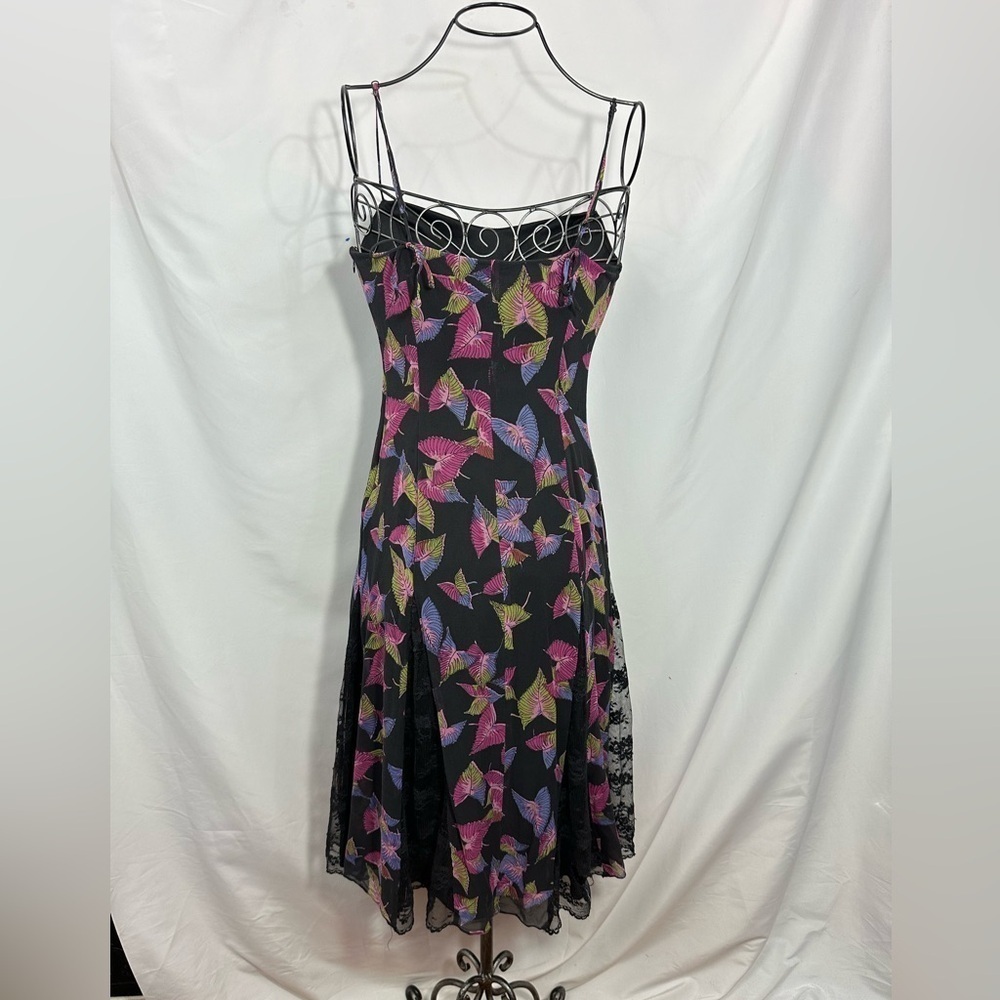 Y2K Betsey Johnson New York silk black leaf print midi dress size 6 - Picture 4 of 13